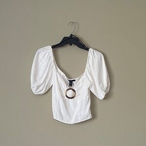 Forever 21 White Square Neck Puff Sleeve Ring Detail Crop Top S
